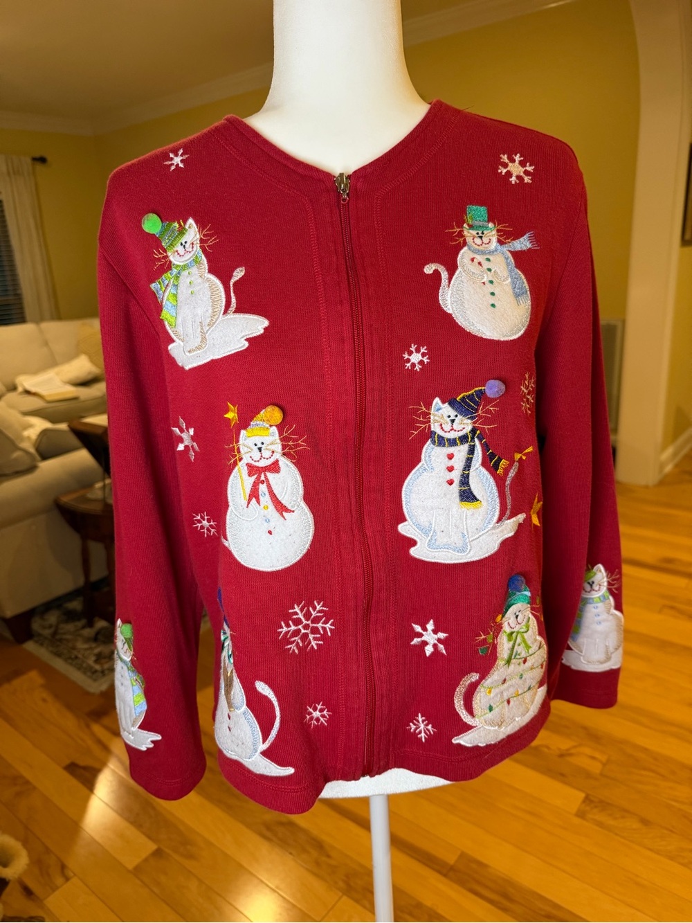 Vintage Onque Casuals Christmas Cat Sweater Zip Up Med. Red Snowman Ugly Festive